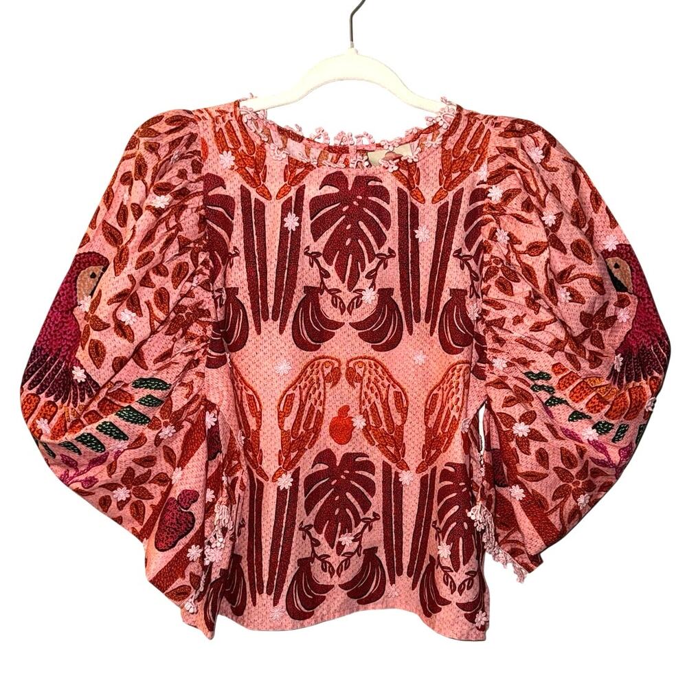 FARM Rio Ainika Macaws Statement Puff Sleeve 100% Cotton Blouse Small EUC